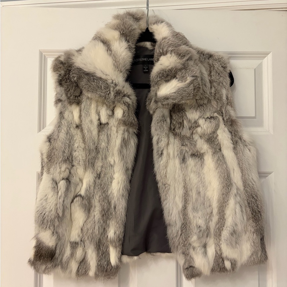 Adrienne Landau Genuine Rabbit Fur Vest Gray Ivory Plush Winter Vest Size L